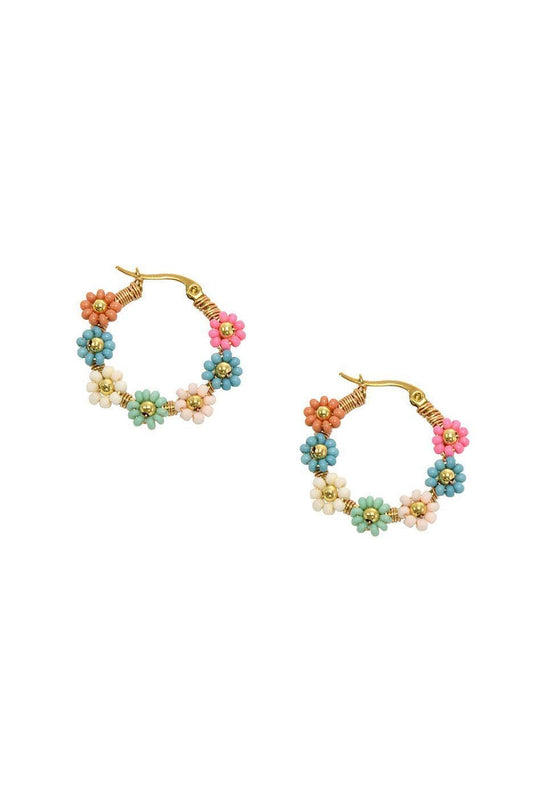 Multi Beaded Daisy Hoop Earrings