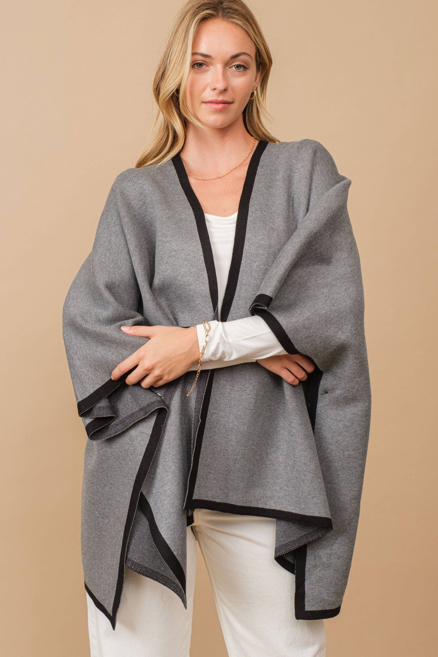 Heavy Knit Contrast Hem Blanket Poncho