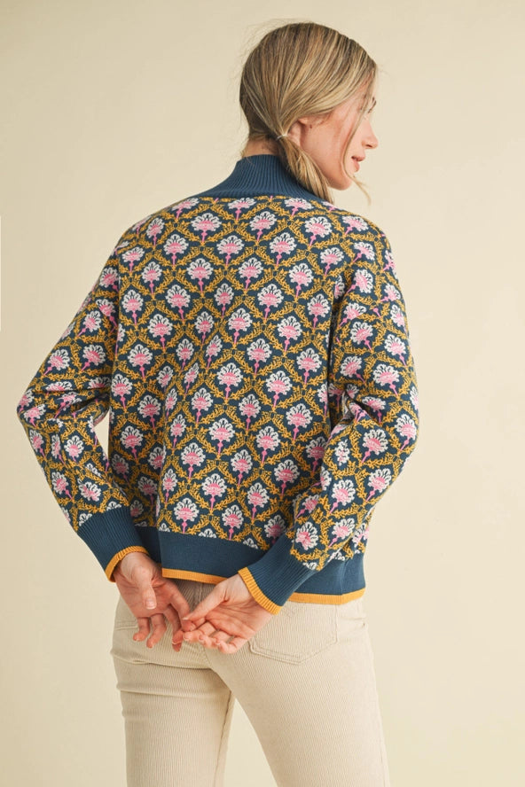 Floral Mock Neck Half Zip