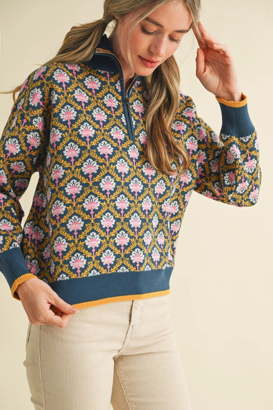 Floral Mock Neck Half Zip