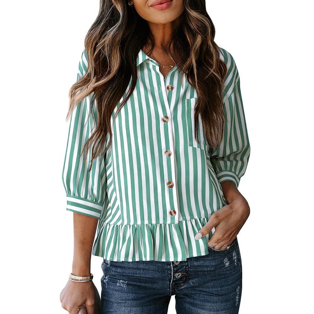 Striped Button Down Ruffle Hem