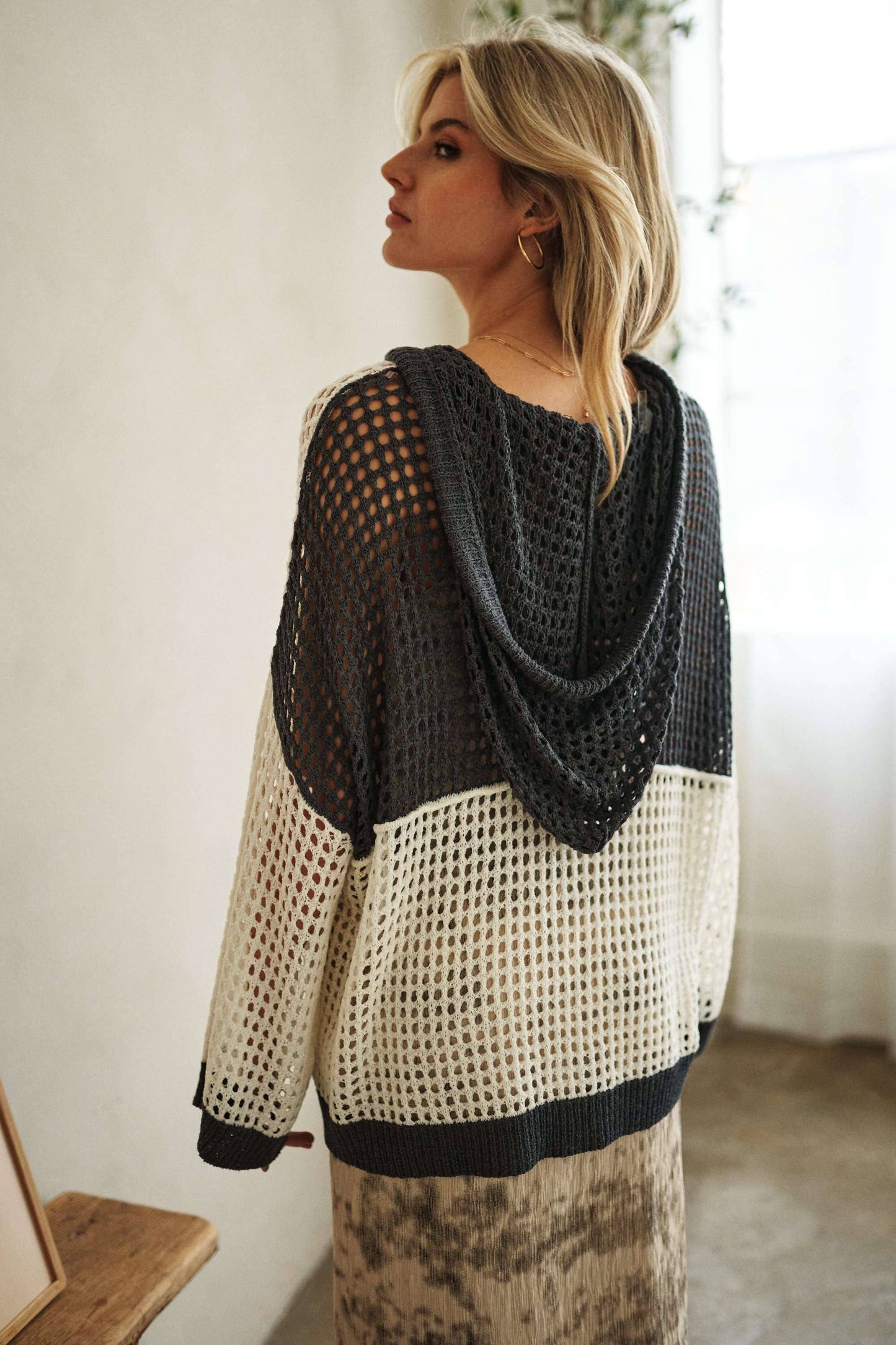 Hooded Fishnet Color Block Spring Sweater
