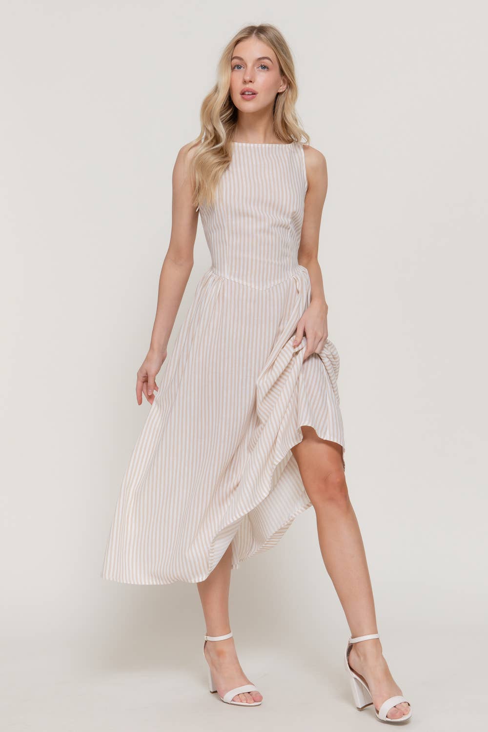 Stripe Print Linen Effect Dress | Beige