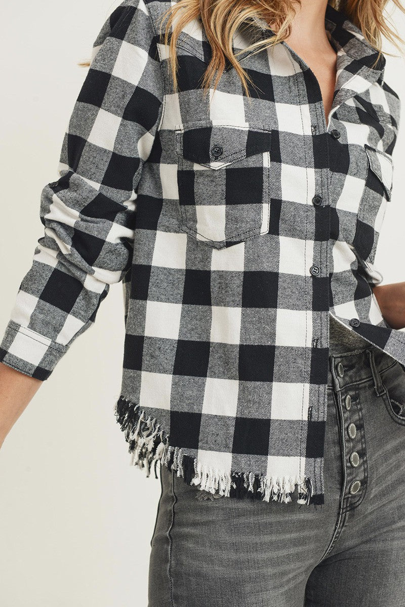 Frayed Hem Plaid Shirt | Black