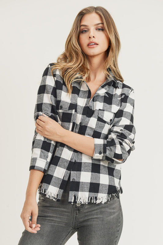 Frayed Hem Plaid Shirt | Black