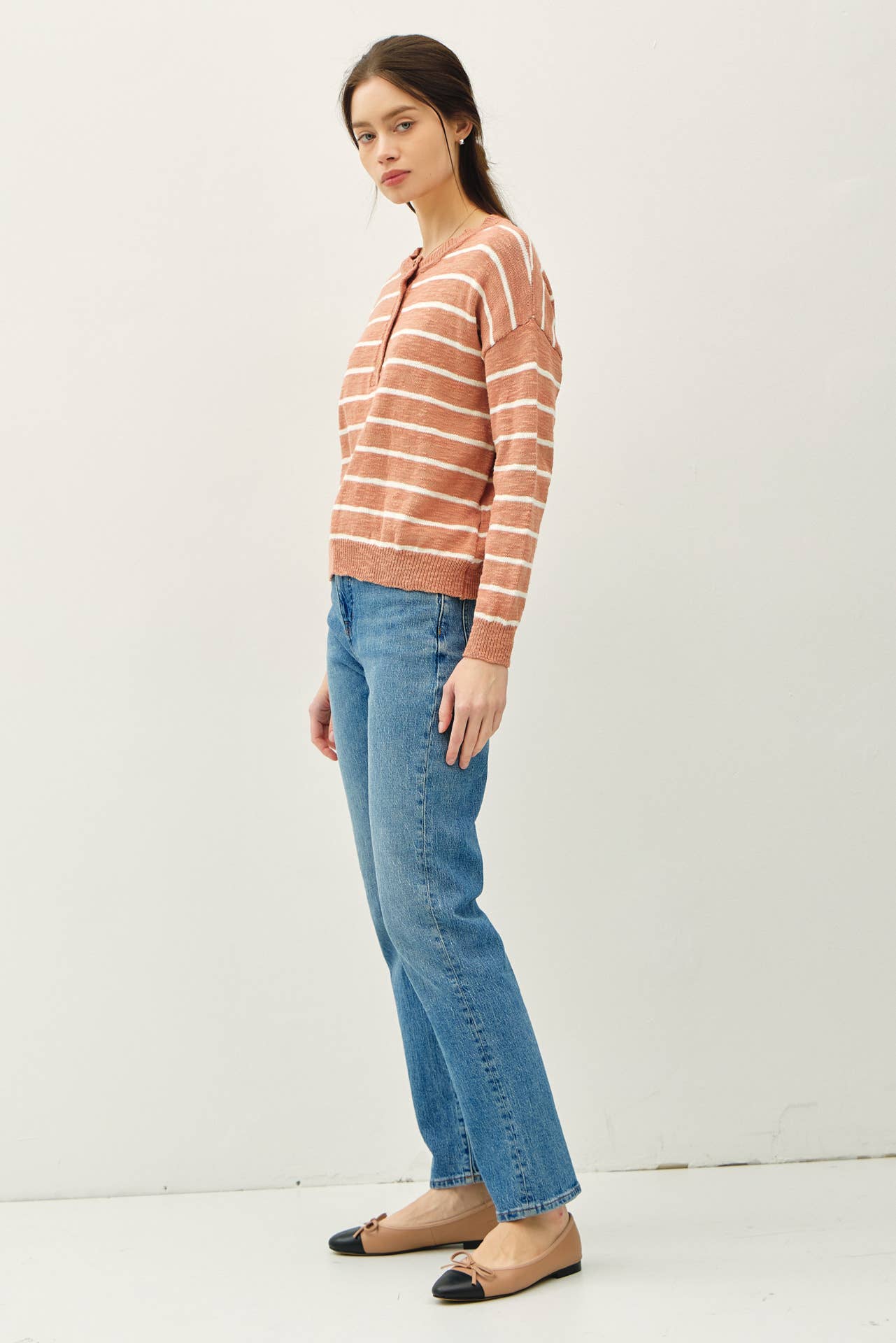 Striped Cotton Henley | Terracotta