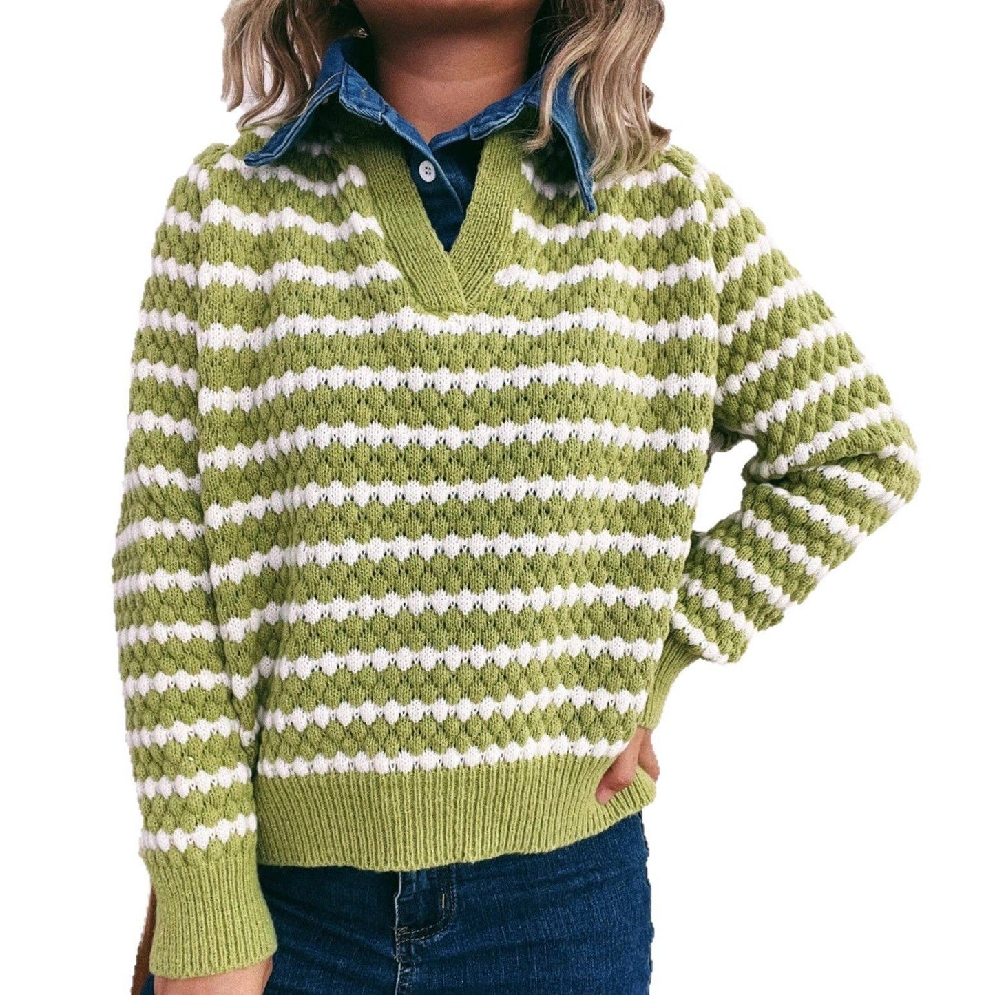 Striped Denim Patchwork Knit Sweater