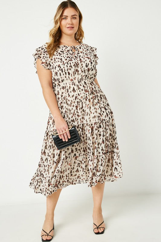 Tie-Neck Flutter Sleeve Midi Dress