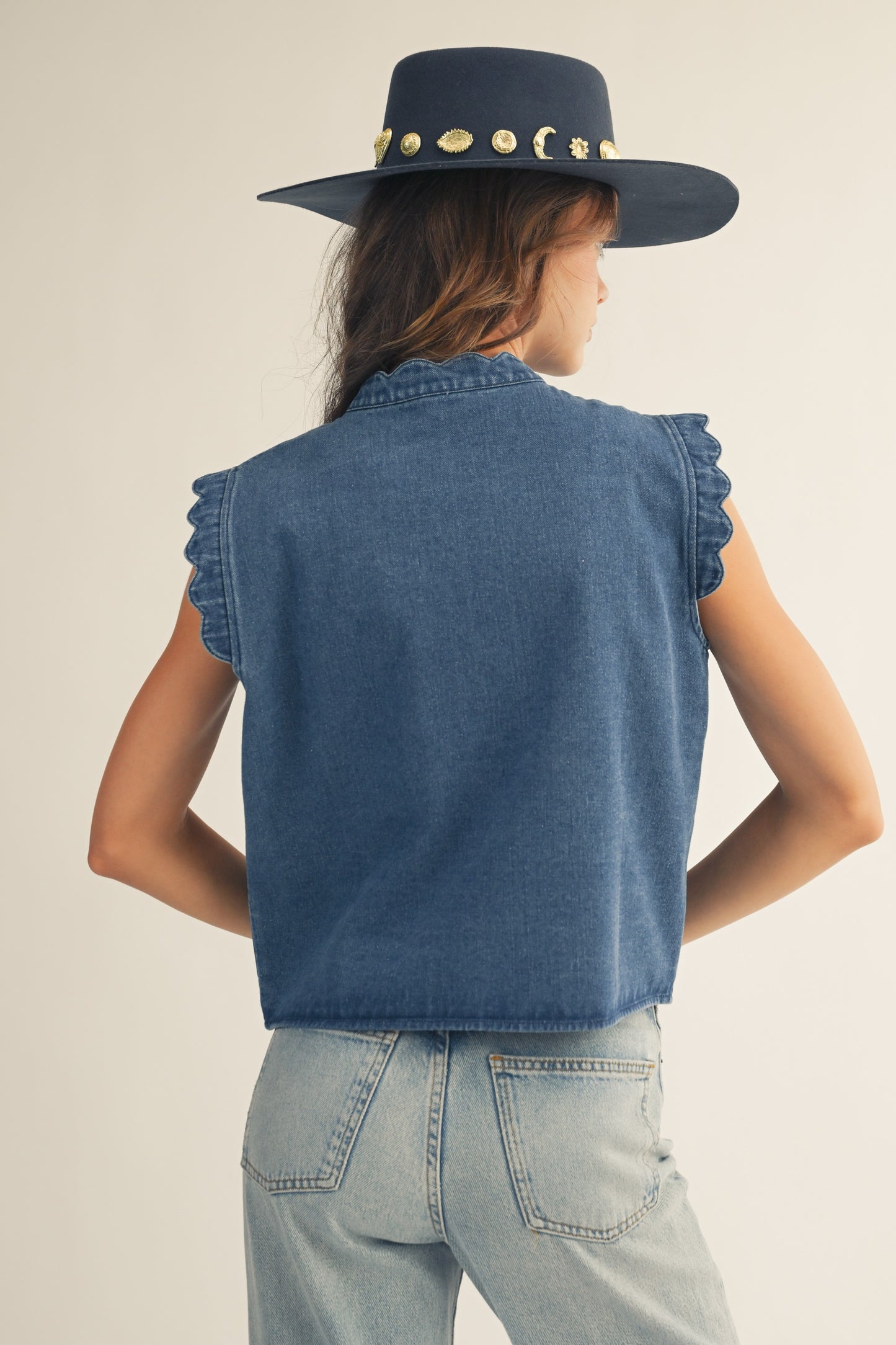 Washed Ruffle Edge Denim Vest
