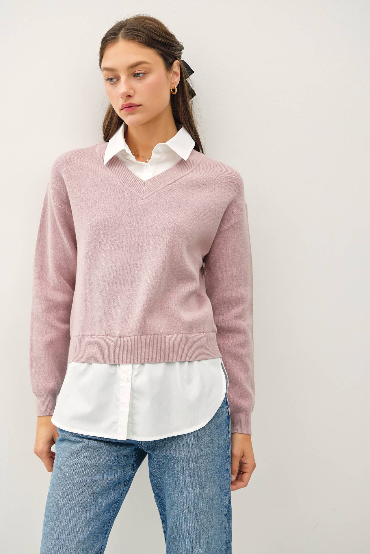 V-Neck Sweater with Button Up | Rosewood