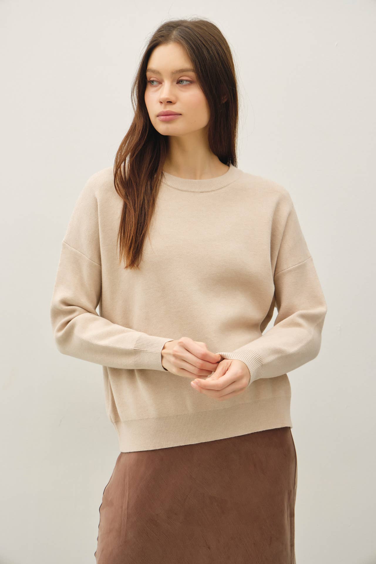 Crew Neck Boxy Sweater | Cream Beige