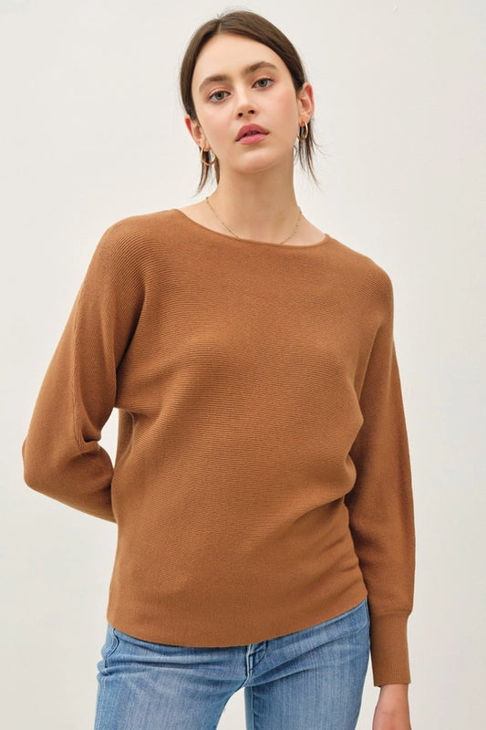 Boat Neck Dolman Sleeve Sweater | Brown