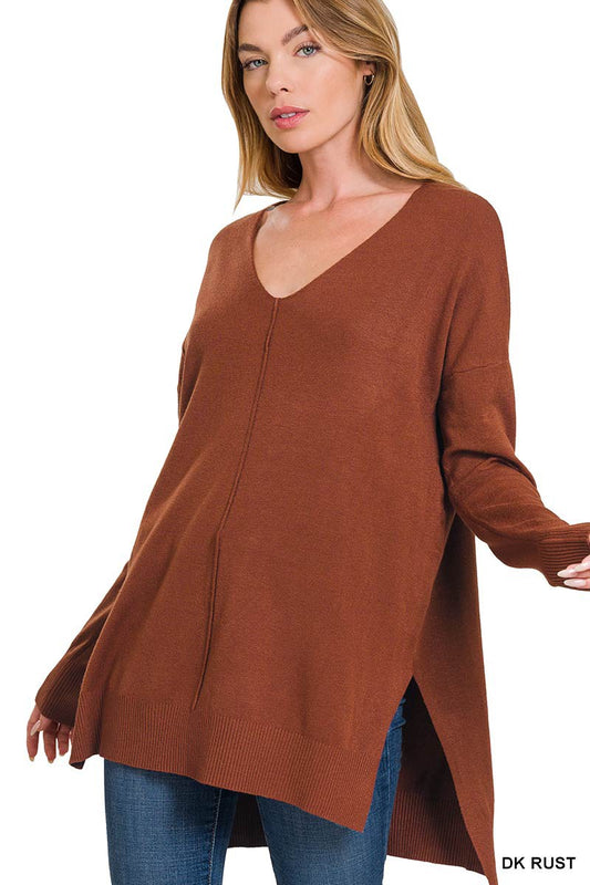 High-Low Hem Front Seam Sweater | Dark Rust