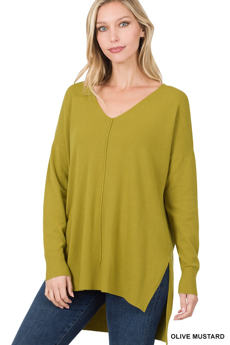 High-Low Hem Front Seam Sweater | Olive Mustard