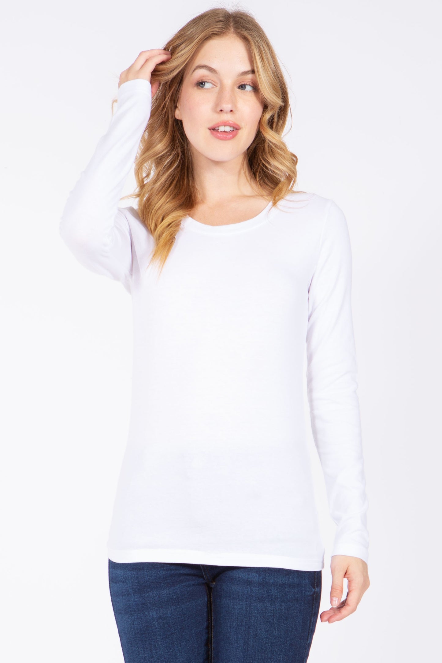 Basic Long Sleeve Round Neck Tee | White