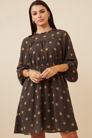 Womens Gathered Neck Long Sleeve Polka Dot Dress