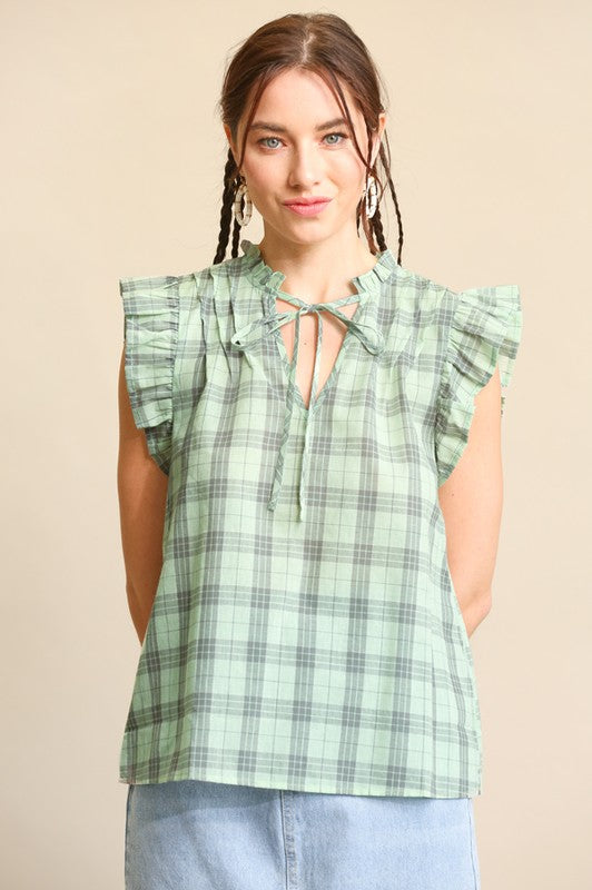 Plaid and Frill Tie Neck Top | Mint