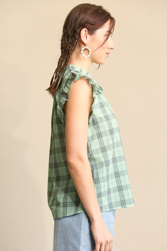 Plaid and Frill Tie Neck Top | Mint