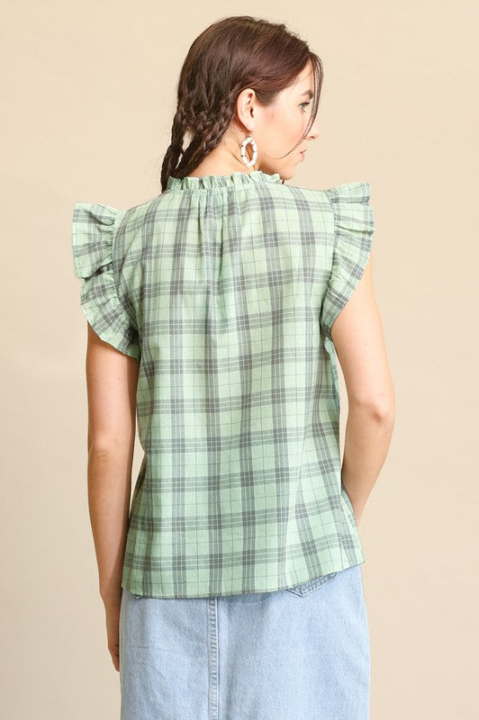 Plaid and Frill Tie Neck Top | Mint