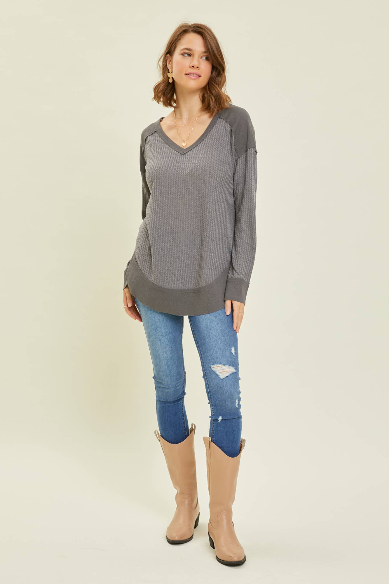 Thermal Layering V-Neck Top | Charcoal