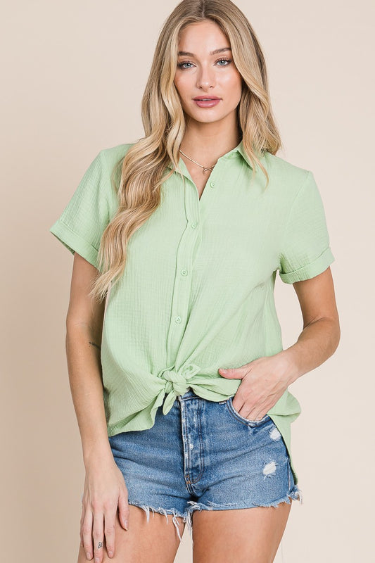 Short-Sleeve Gauze Button-Down Top: Lime