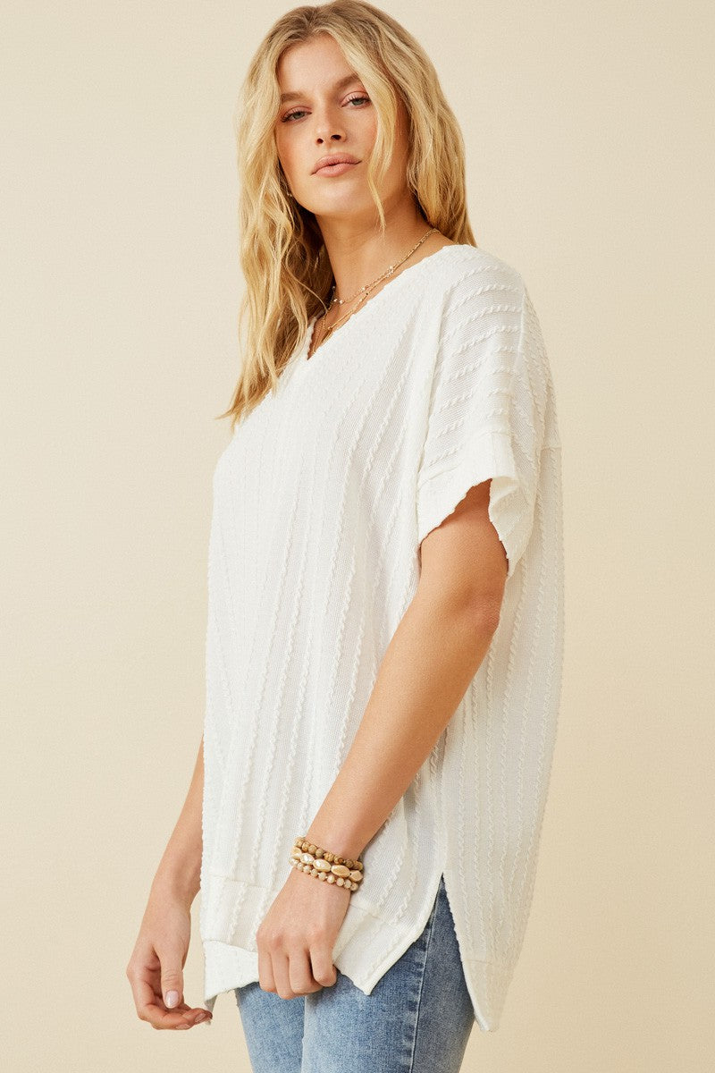 Cable Detail Knit Banded Dolman V-Neck Top