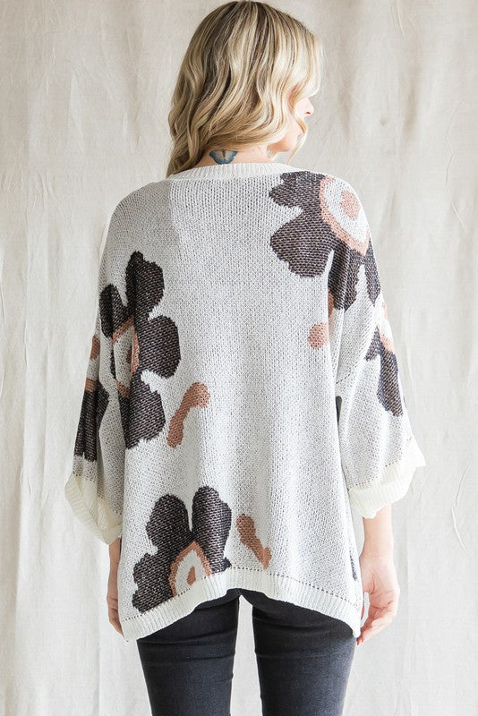 Flower Print 3/4 Sleeves Knit Pullover