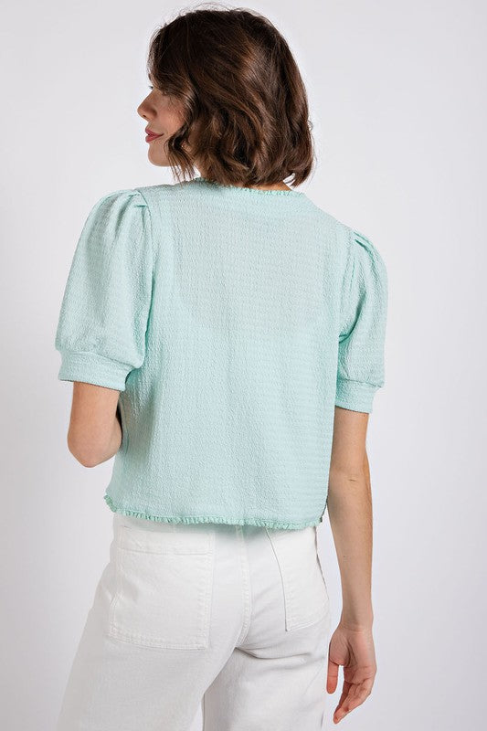 Textured Puff Sleeve Cardigan | Mint