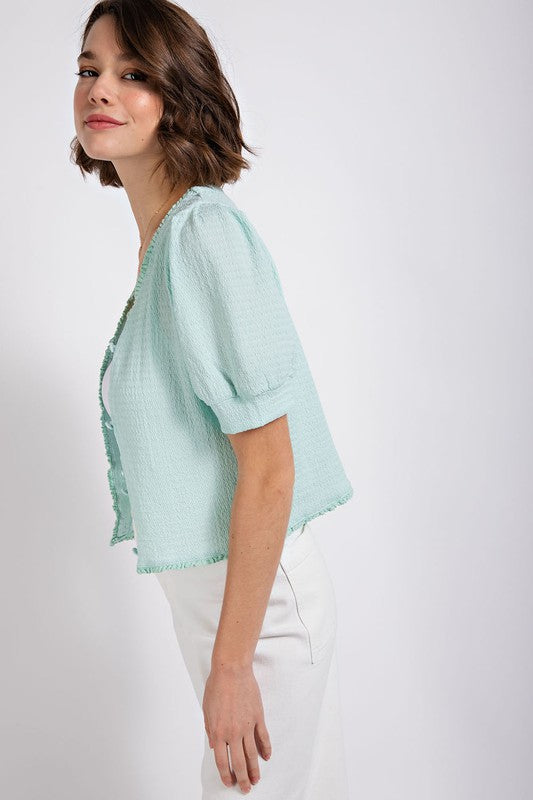 Textured Puff Sleeve Cardigan | Mint