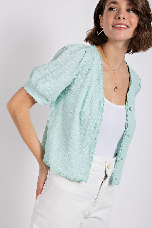 Textured Puff Sleeve Cardigan | Mint