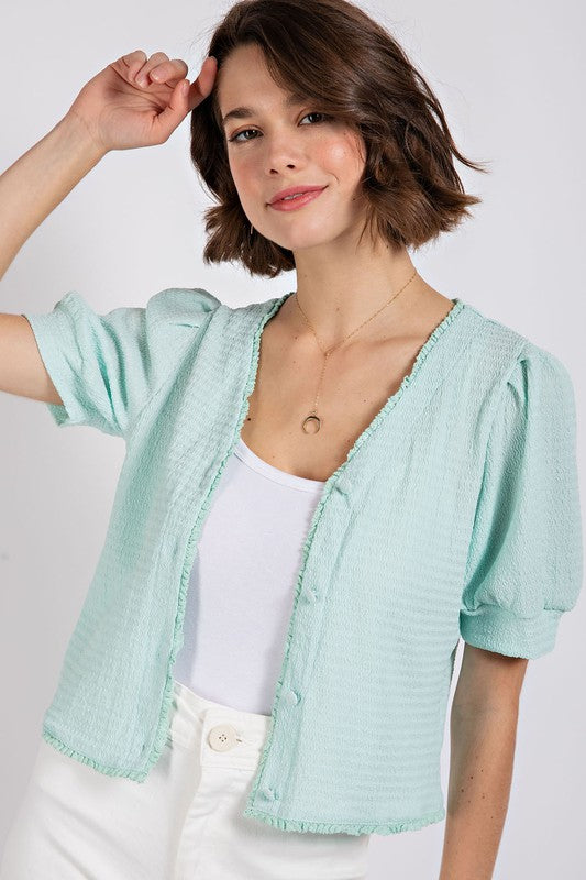 Textured Puff Sleeve Cardigan | Mint