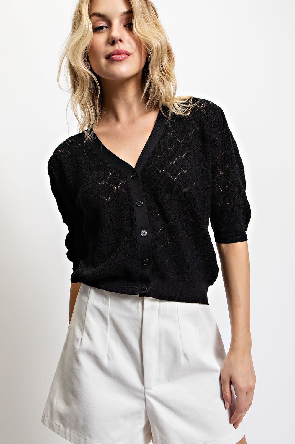 Pointelle-Knitted Button Front Cardigan