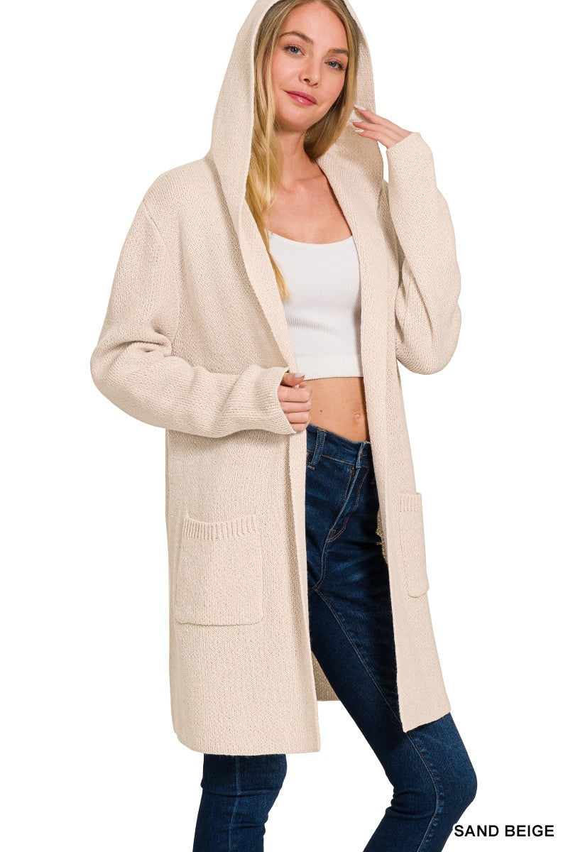 Hooded Open Front Cardigan | Sand Beige