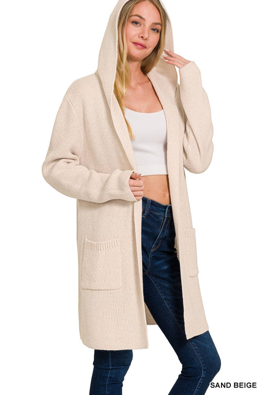Hooded Open Front Cardigan | Sand Beige
