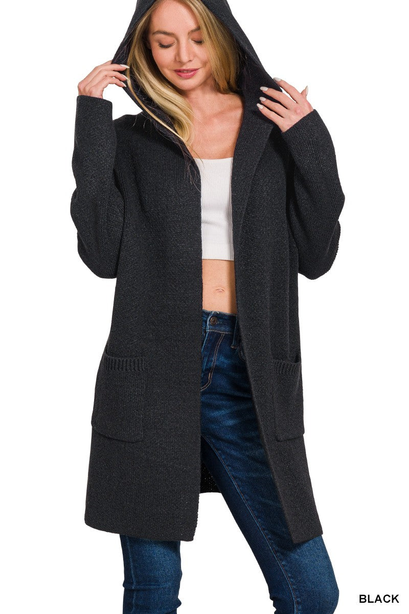 Hooded Open Front Cardigan | Black