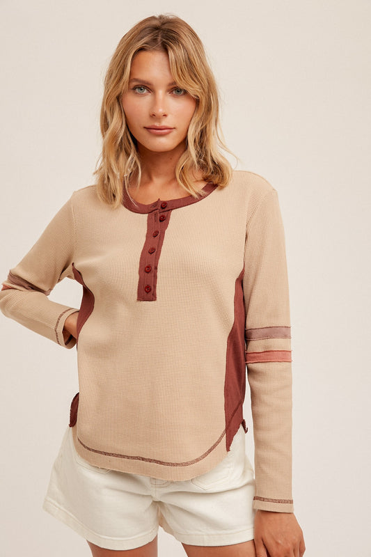 Color Blocked Ribbed Henley | Taupe