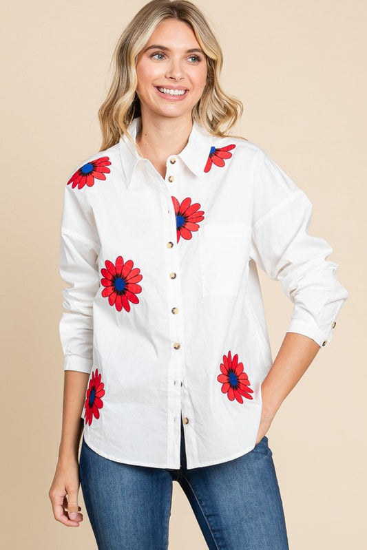 Flower Embroidery Collar Top