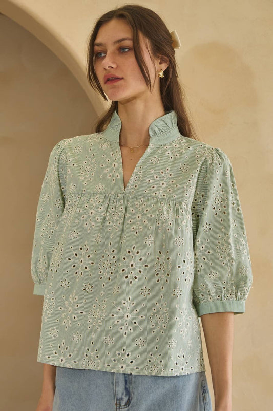 Embroidery Pin Striped Top