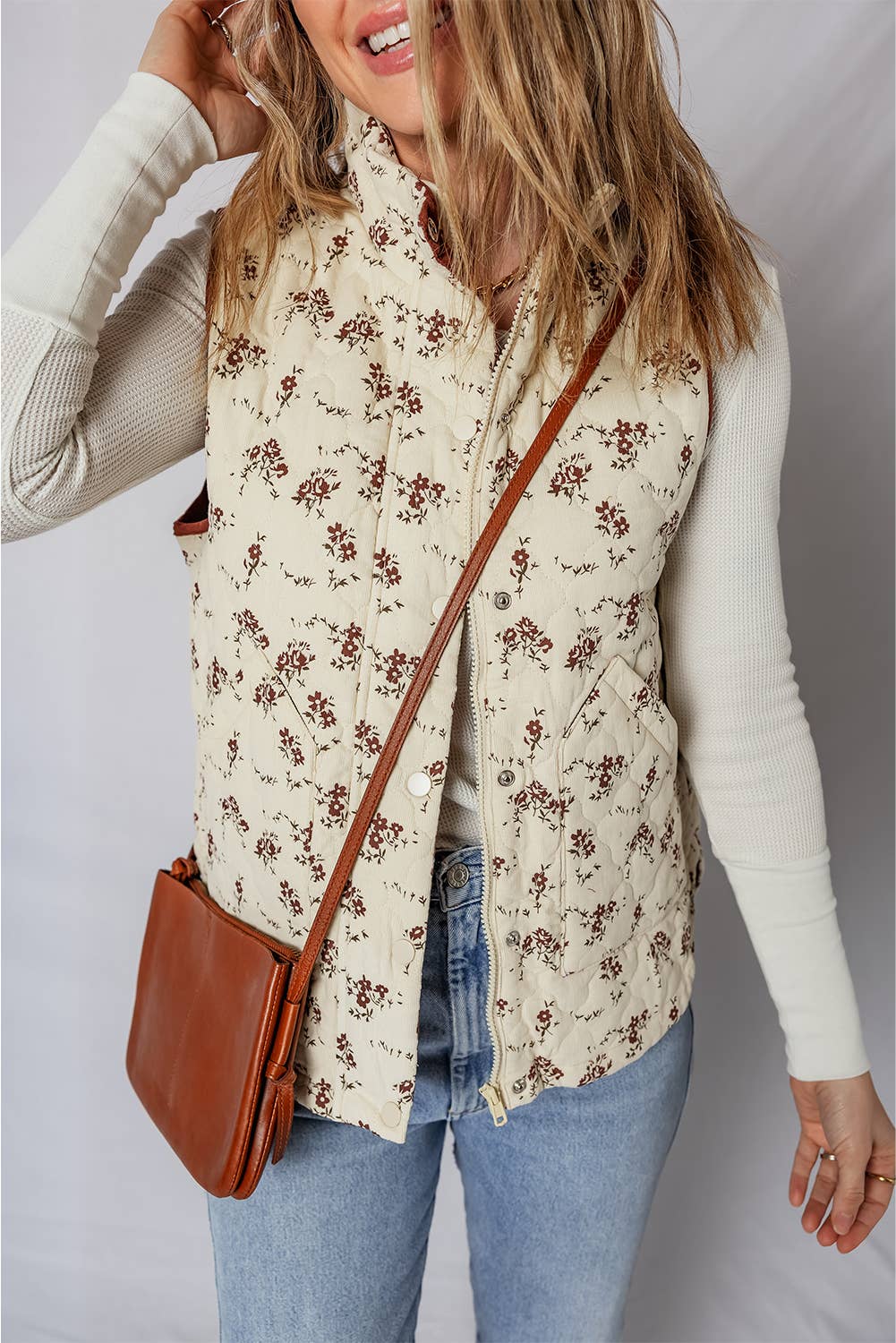 Floral Print Zip Up Quilted Vest