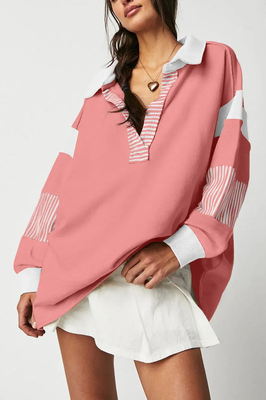 Colorblock Pink Collared Sweatshirt