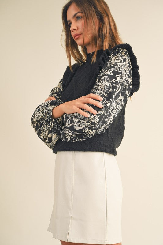 Cable Sweater with Floral Sleeves