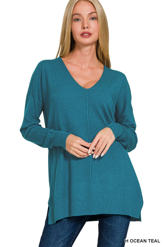 High-Low Hem Front Seam Sweater | Heather Ocean Teal