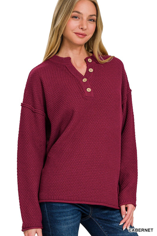 4-Button Henley Sweater | Cabernet