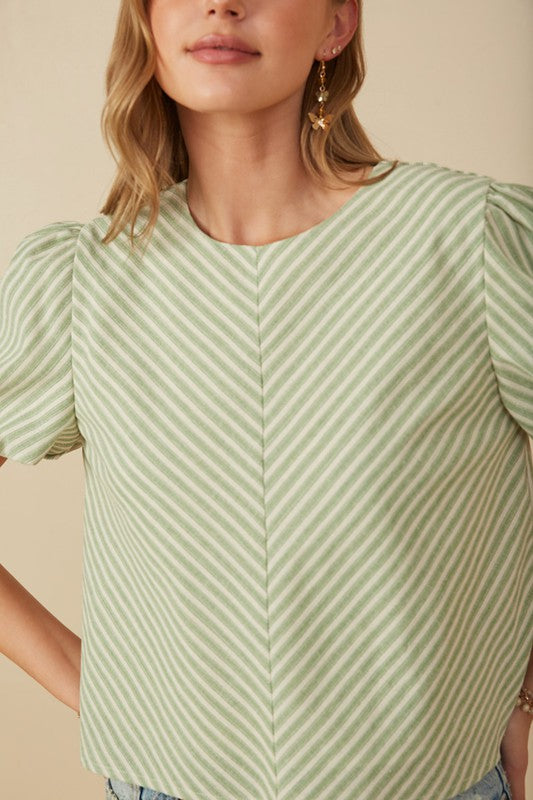 Linen Like Chevron Striped V-Neck Top