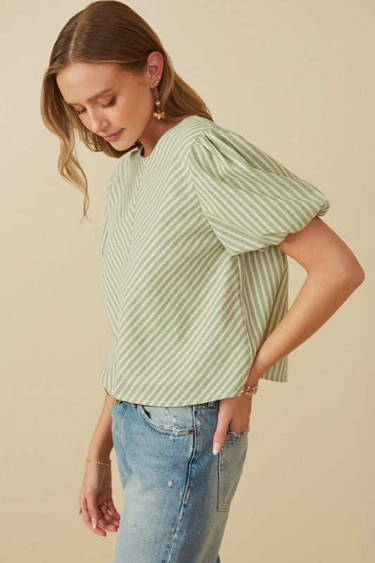 Linen Like Chevron Striped V-Neck Top