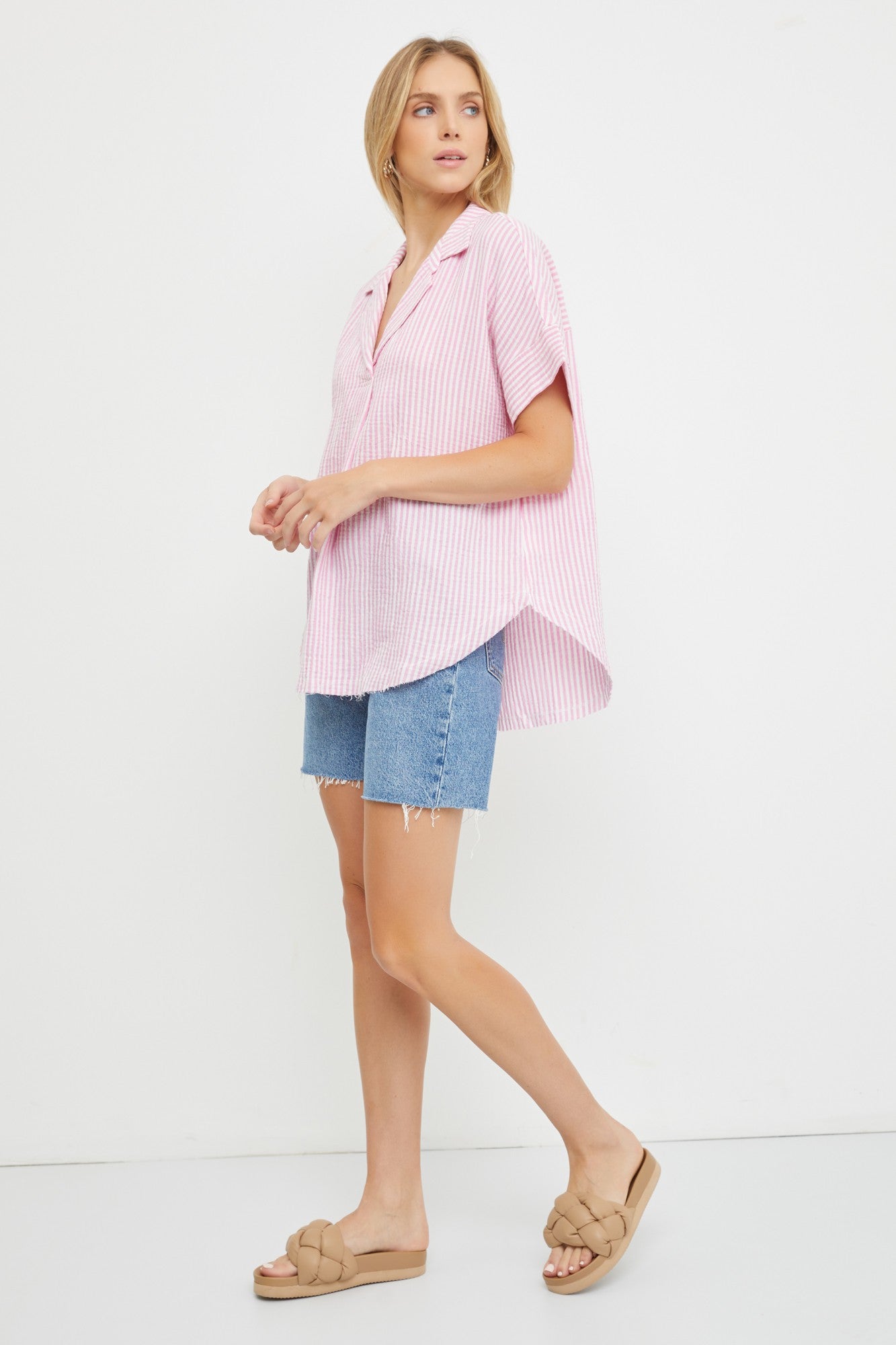 Seersucker Pink Flowy Shirt