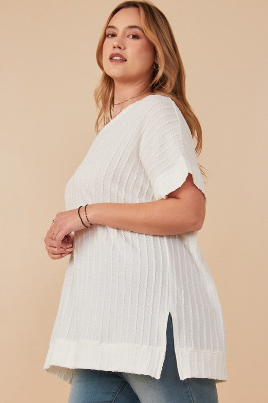 Cable Detail Knit Banded Dolman V-Neck Top