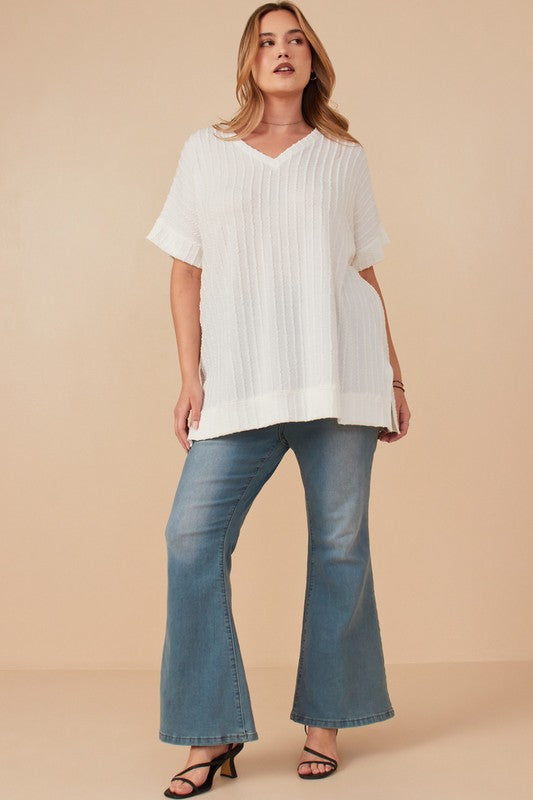 Cable Detail Knit Banded Dolman V-Neck Top