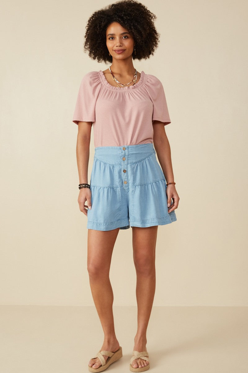 Button Detail Tiered Wide Leg Tencel Shorts