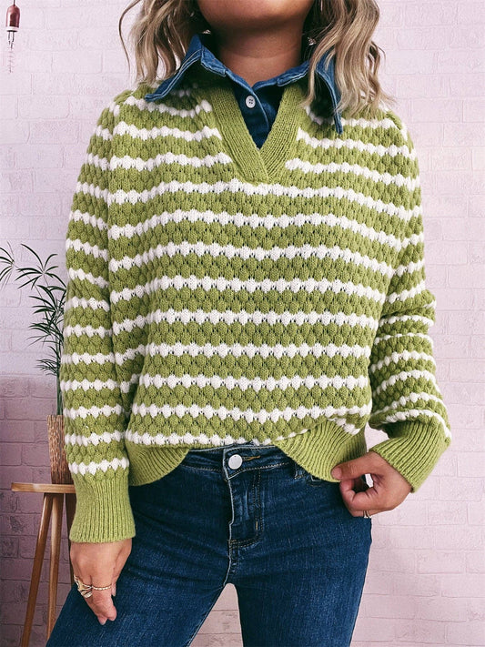 Striped Denim Patchwork Knit Sweater